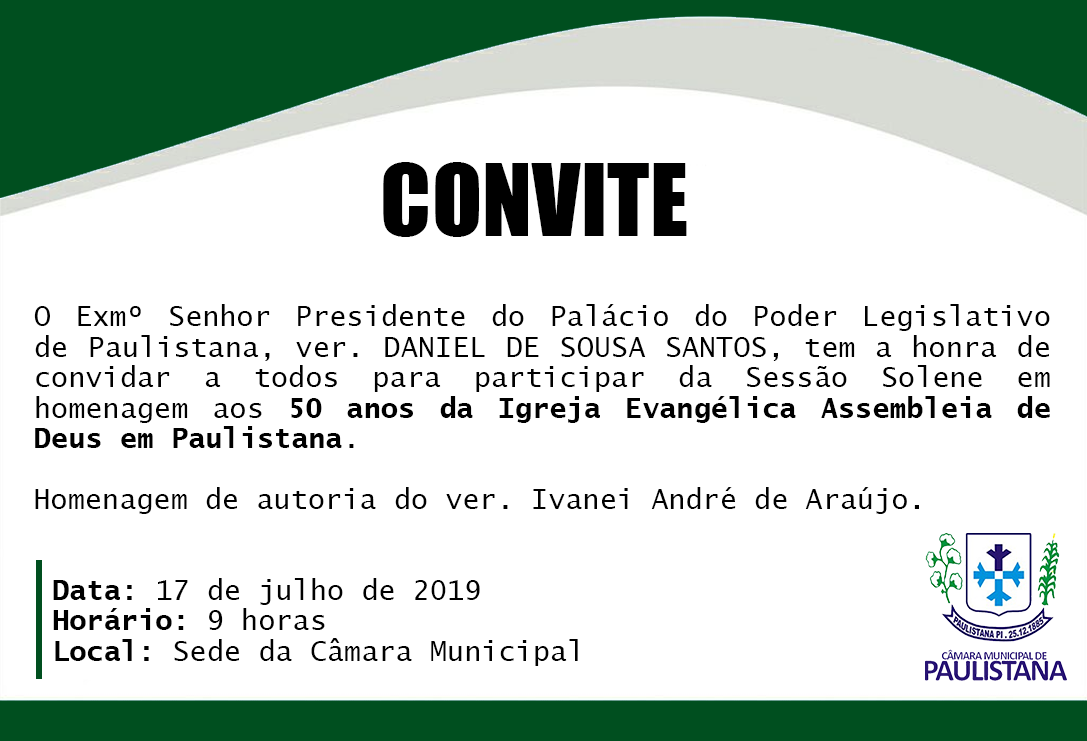 Câmara realizará Sessão Solene em homenagem aos 50 anos da Assembleia de Deus